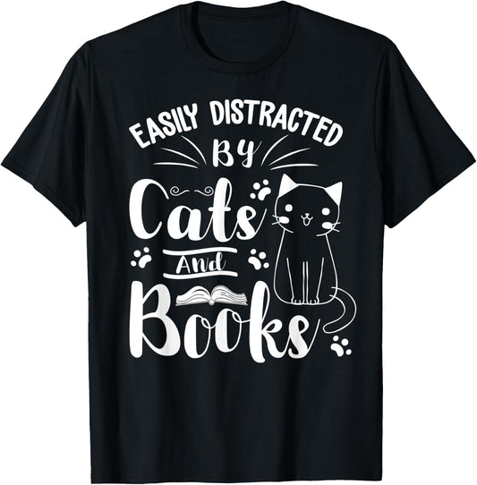 Easily Distracted by Cats and Books For Cat & Book Lover Women Kids T-Shirt - T-Shirt | Black