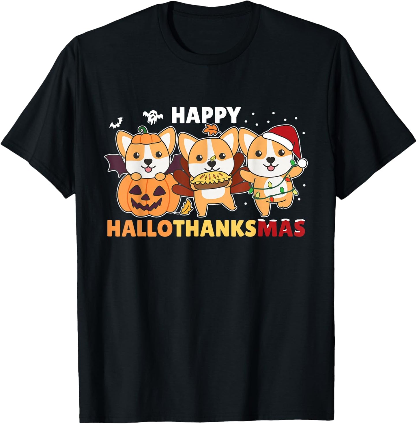 Corgi Christmas Halloween Costume Happy Hallothanksmas T-Shirt - T-Shirt | Black