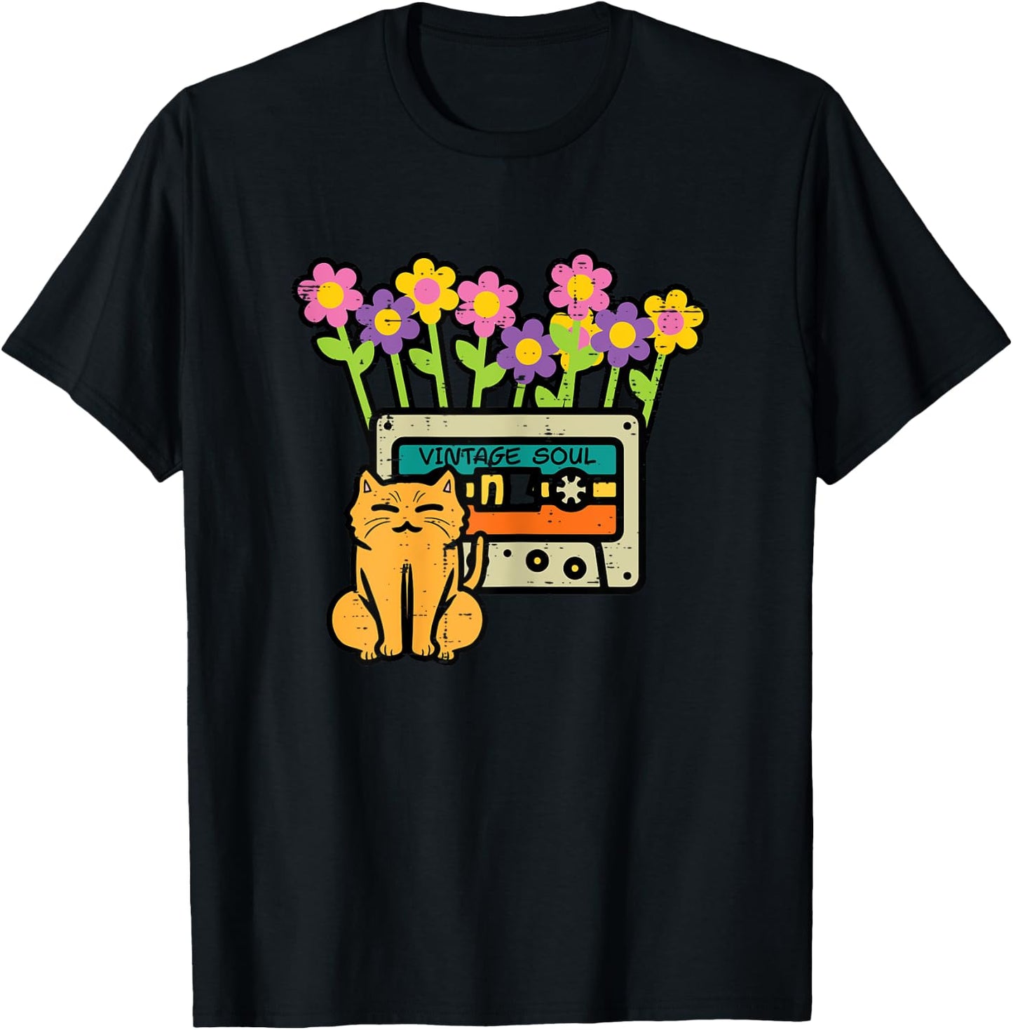 Cat Casette Tape Vintage Soul Flowers Retro Mom Women Girls T-Shirt - T-Shirt | Black