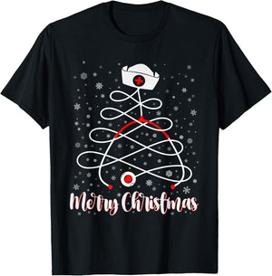 Merry Christmas Nurse Tree Xmas Scrub Women Men T-Shirt - T-Shirt | Black
