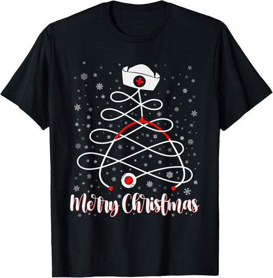 Merry Christmas Nurse Tree Xmas Scrub Women Men T-Shirt - T-Shirt | Black