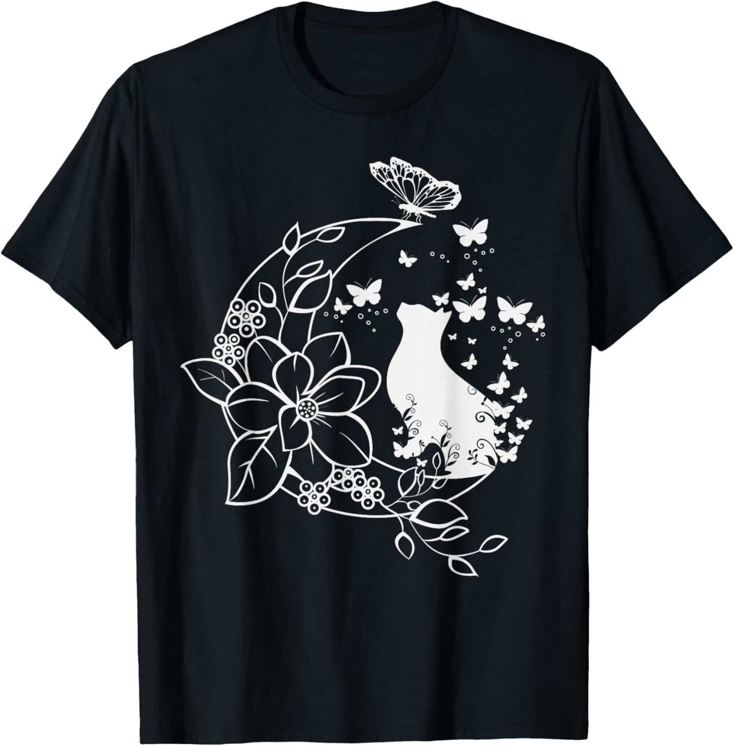 Cat with floral crescent and butterflies. T-Shirt - T-Shirt | Black