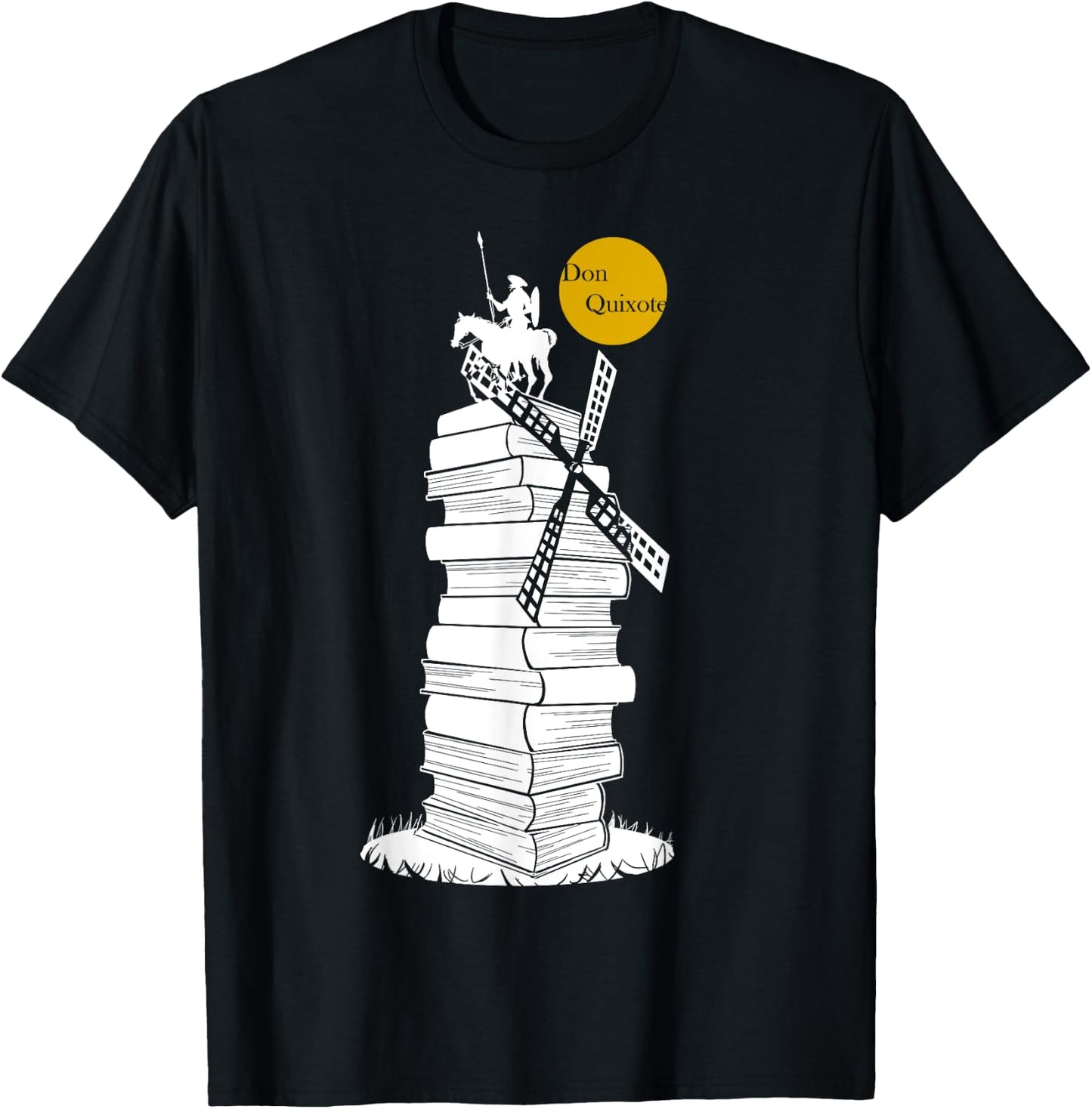 DON QUIXOTE in a Windmill of Books, White Shade T-Shirt - T-Shirt | Black