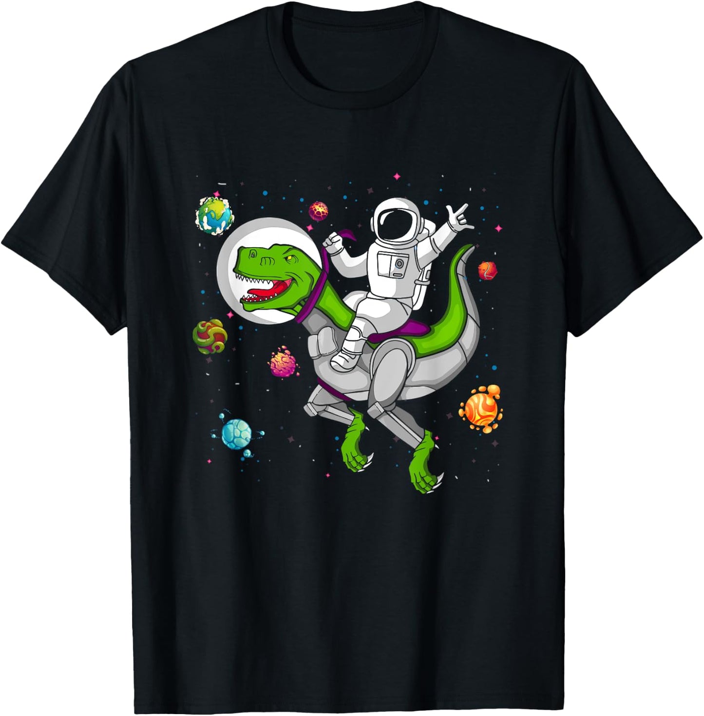 Astronaut Riding T Rex Dinosaur OuterSpace Galaxy T-Shirt - T-Shirt | Black