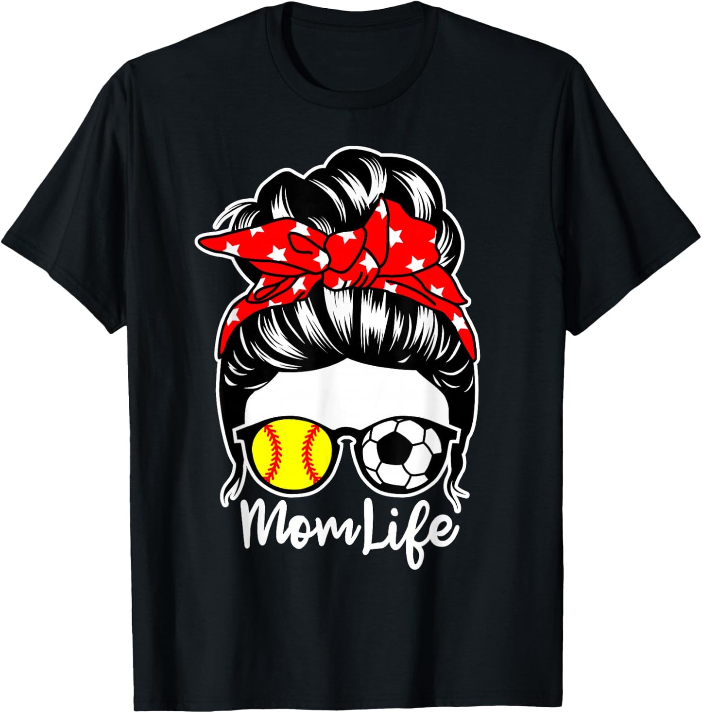 Mom Life Messy Bun Hair Soccer Softball Player Mom T-Shirt - T-Shirt | Black