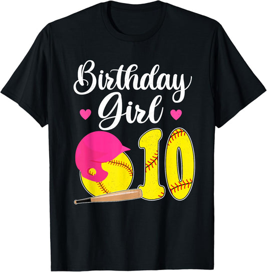 10th Birthday Softball Girls 10 Years Old T-Shirt - T-Shirt | Black