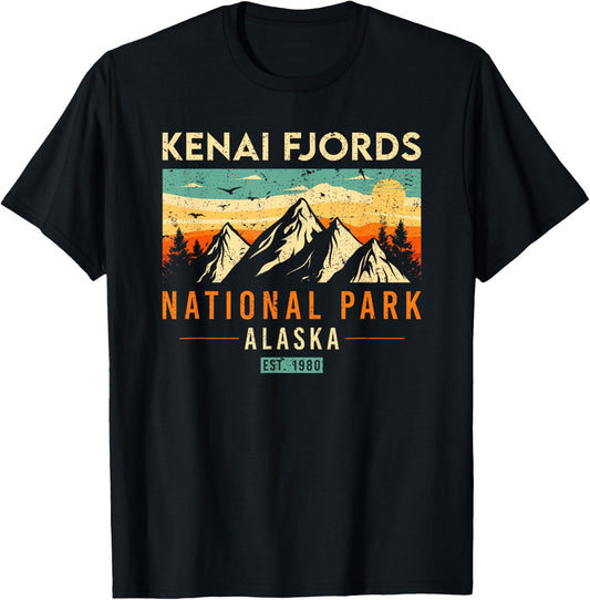 Kenai Fjords Est. 1980 Retro Alaska National Park T-Shirt - T-Shirt | Black
