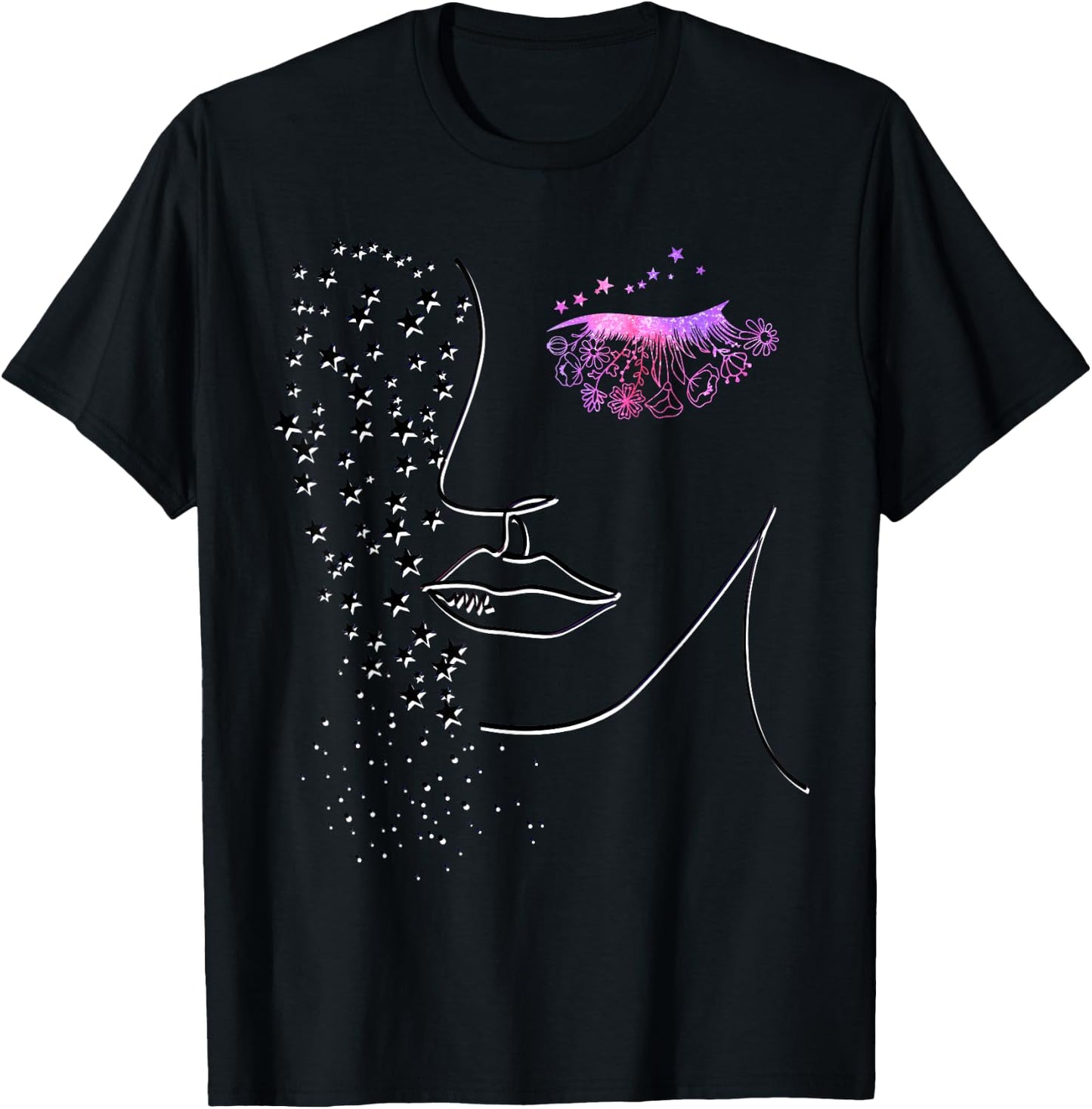Female Minimalist Face Art - Pink Flower Eye Lashes & Stars T-Shirt - T-Shirt | Black