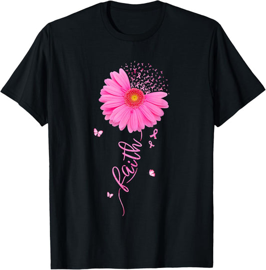 Faith Pink Ribbon Daisy Flower Breast Cancer Awareness Women T-Shirt - T-Shirt | Black