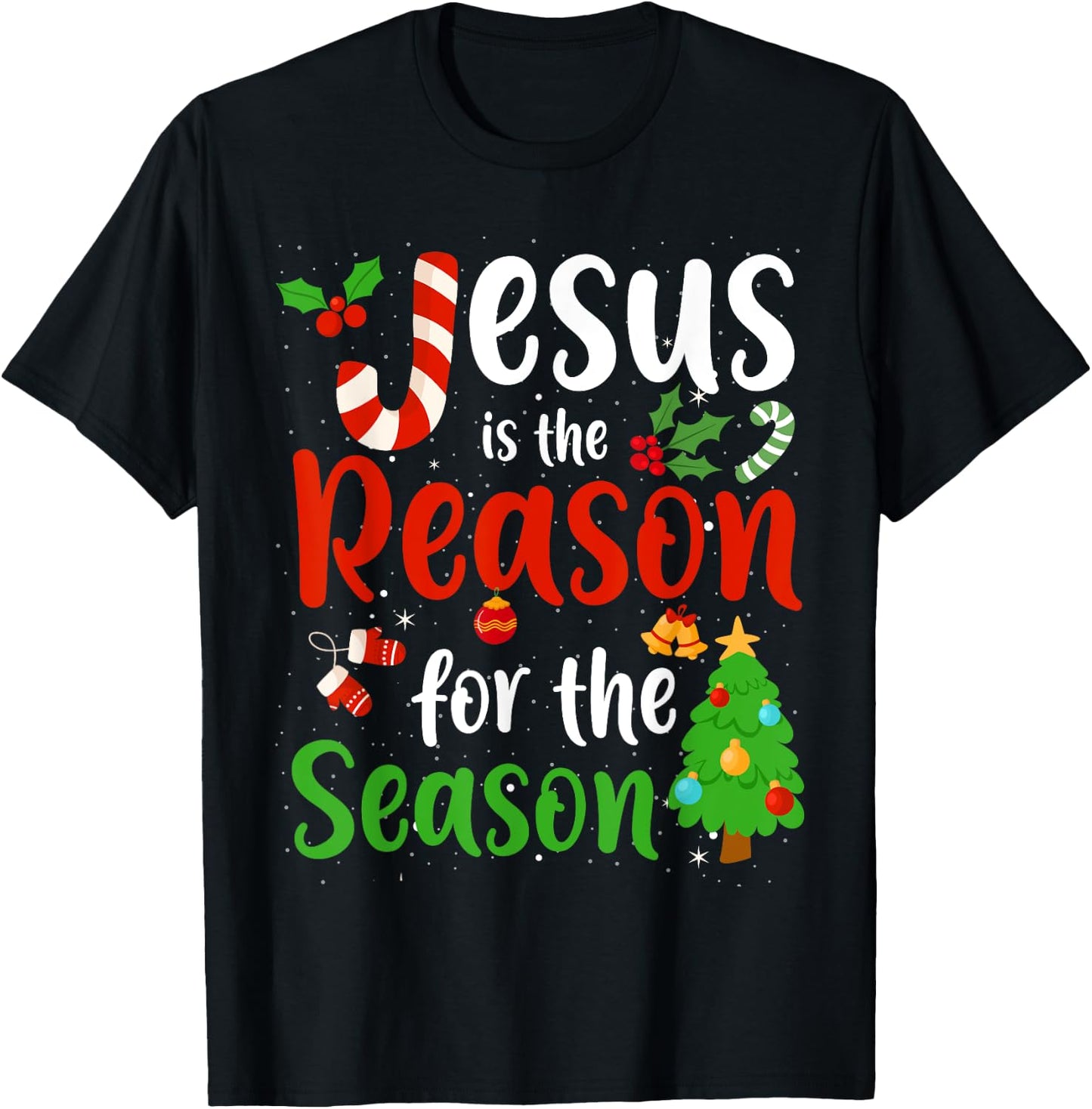 Jesus is the reason for the season Candy Cane Christmas Pjs T-Shirt - T-Shirt | Black