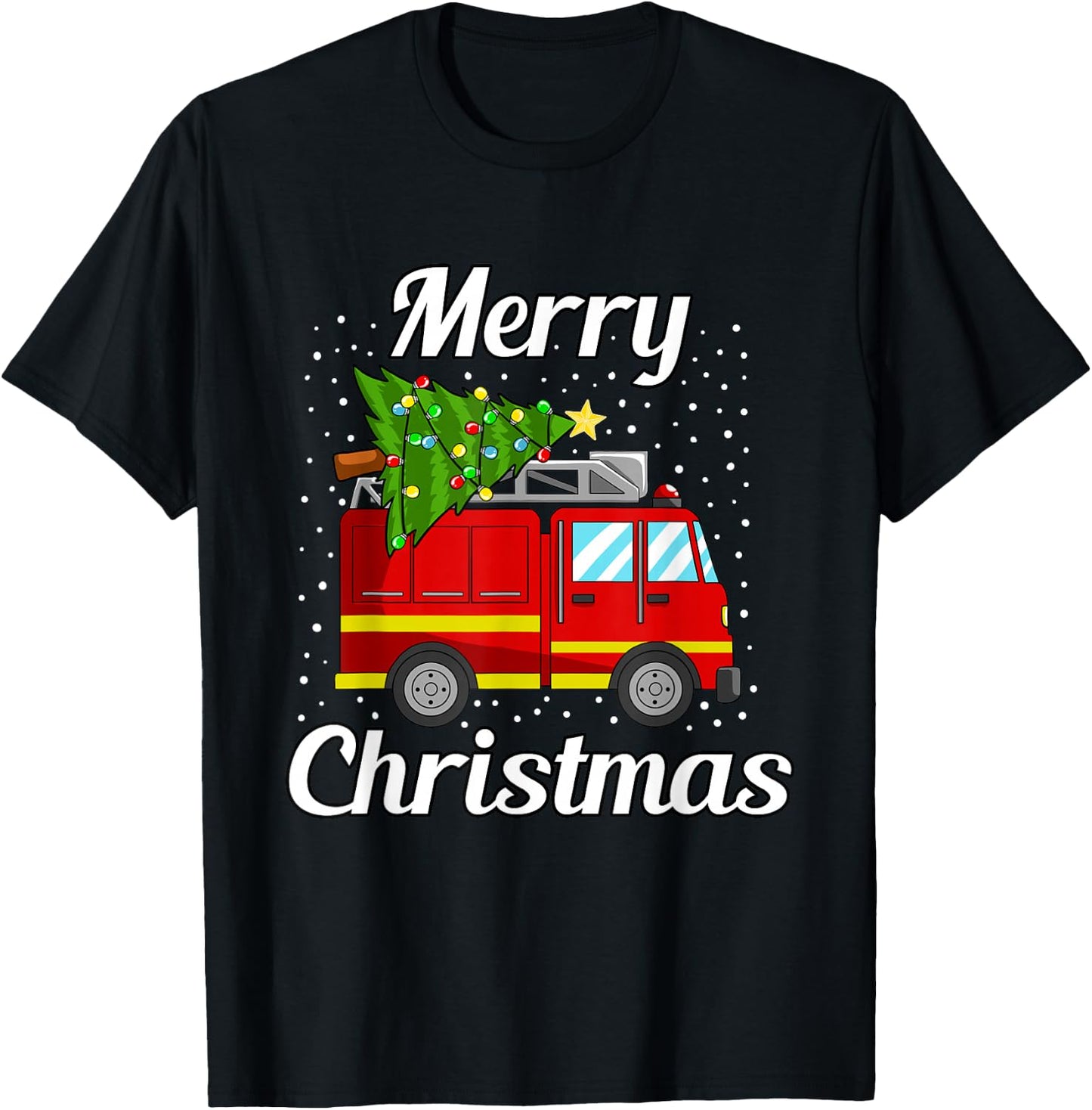 Merry Christmas Tree Firetruck Pajama Firefighter Fireman T-Shirt - T-Shirt | Black