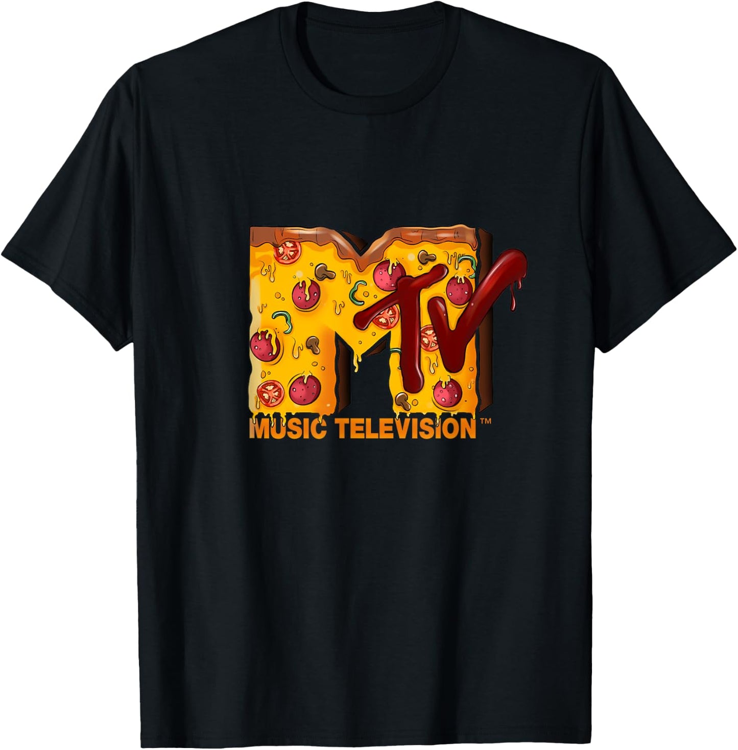 Mademark x MTV - The original MTV Logo with a Pizza for Pizzalover T-Shirt - T-Shirt | Black