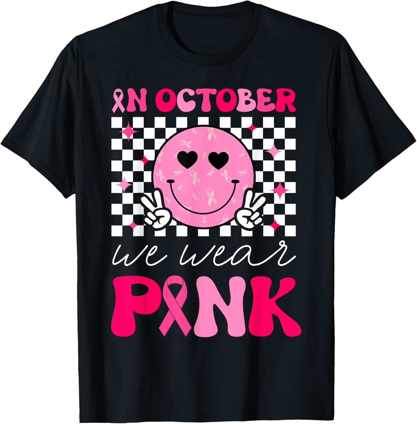 Groovy Breast Cancer Awareness In October We Wear Pink T-Shirt - T-Shirt | Black