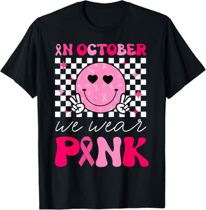 Groovy Breast Cancer Awareness In October We Wear Pink T-Shirt - T-Shirt | Black
