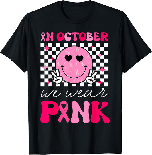 Groovy Breast Cancer Awareness In October We Wear Pink T-Shirt - T-Shirt | Black