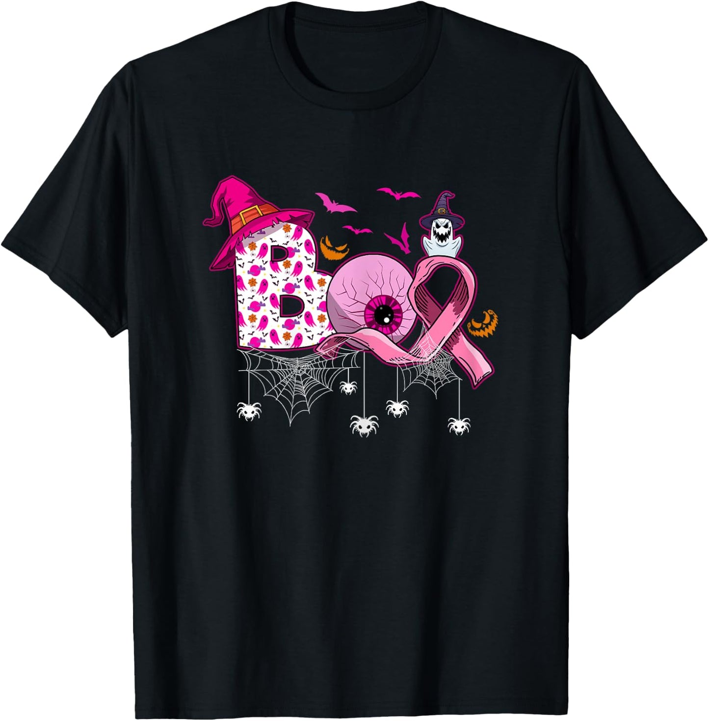 Boo Halloween Pumpkin Pink Ribbon Witch Breast Cancer T-Shirt - T-Shirt | Black