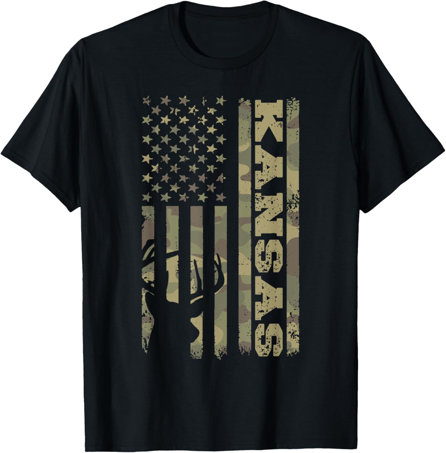 Kansas Deer Hunter Vintage Deer Hunting Camo USA Flag T-Shirt - T-Shirt | Black