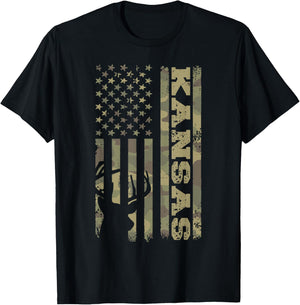 Kansas Deer Hunter Vintage Deer Hunting Camo USA Flag T-Shirt - T-Shirt | Black