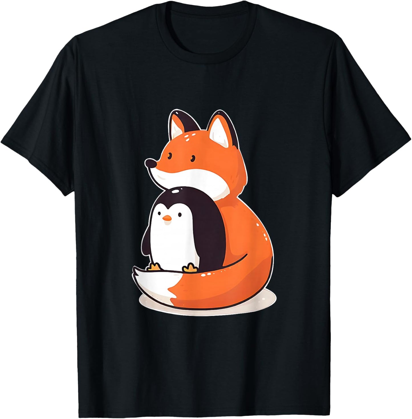 Cute Fox and Penguin Design T-Shirt - T-Shirt | Black