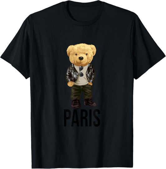 Cool Teddy Bear in Paris France Illustration Graphic Designs T-Shirt - T-Shirt | Black