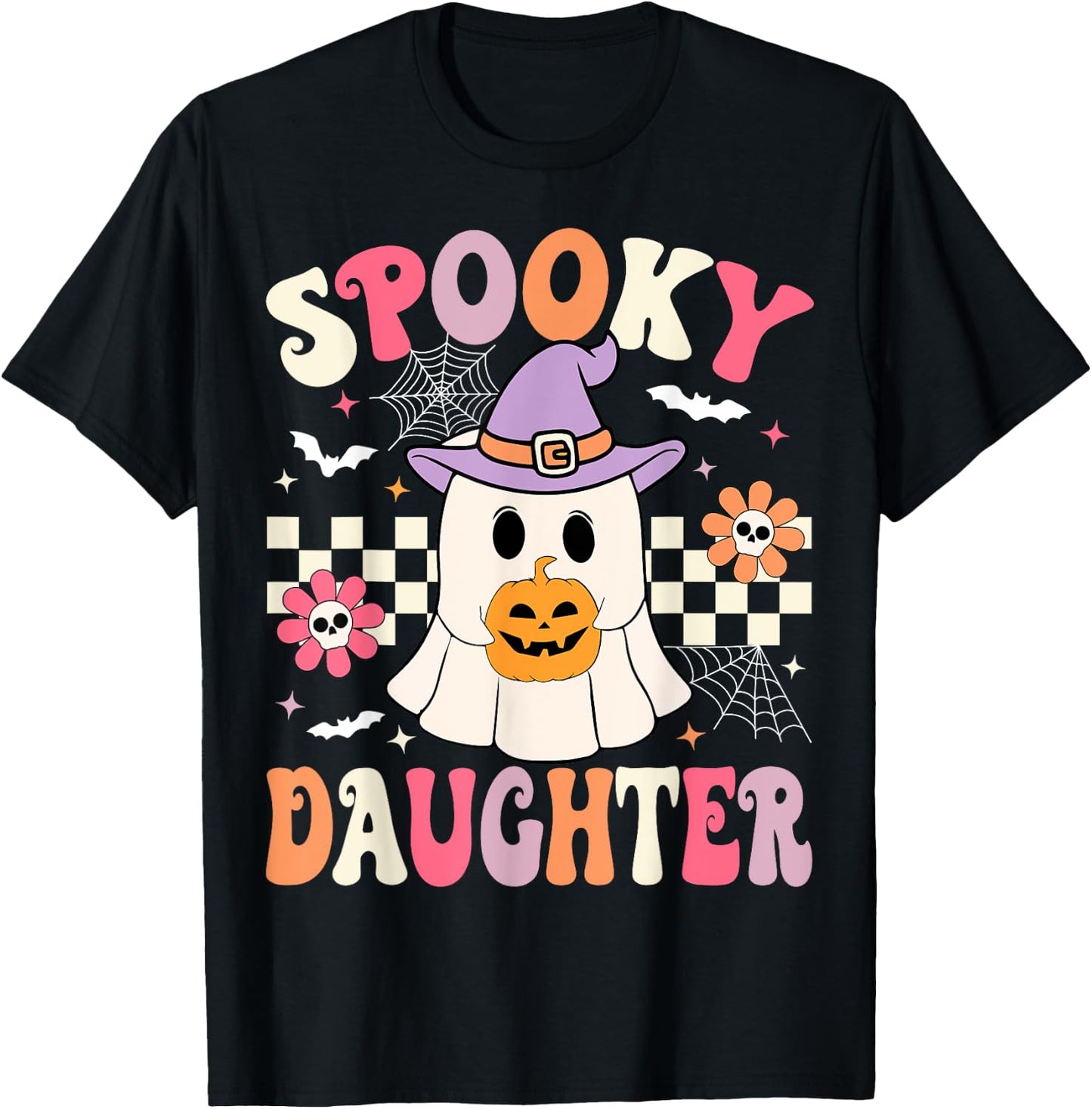 Groovy Spooky Daughter Retro Ghost Holding Pumpkin Halloween T-Shirt - T-Shirt | Black