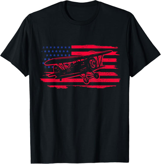 Airplane Pilot Vintage Flag Double Decker Aviation T-Shirt - T-Shirt | Black