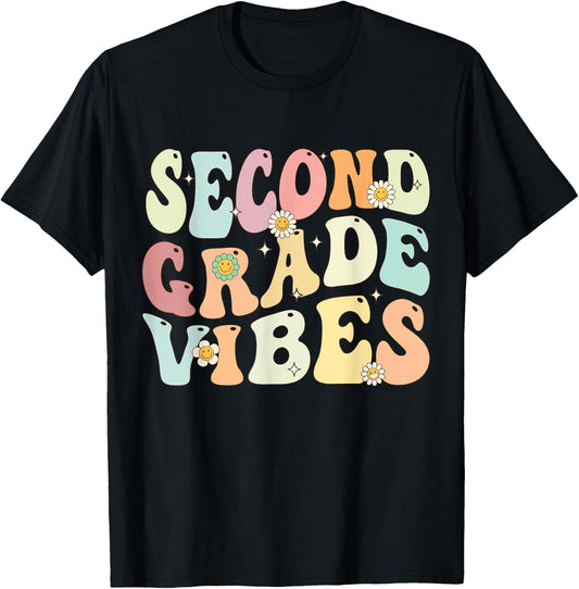 Second Grade Vibes Groovy Retro Back To School Teachers Kids T-Shirt - T-Shirt | Black