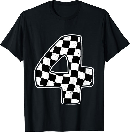4th Birthday Checkered Number 4 Car Racing Flag T-Shirt - T-Shirt | Black