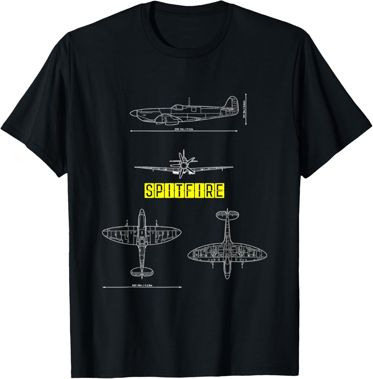 Spitfire Iconic British Airplane Blueprint Design T-Shirt - T-Shirt | Black