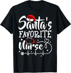 Santa's Favorite Nurse Christmas Scrub Top Stethoscope Xmas T-Shirt - T-Shirt | Black