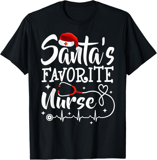 Santa's Favorite Nurse Christmas Scrub Top Stethoscope Xmas T-Shirt - T-Shirt | Black