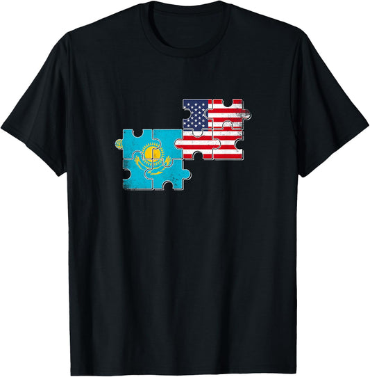 Kazakhstan USA Heartbeat Flag American Kazakh T-Shirt - T-Shirt | Black