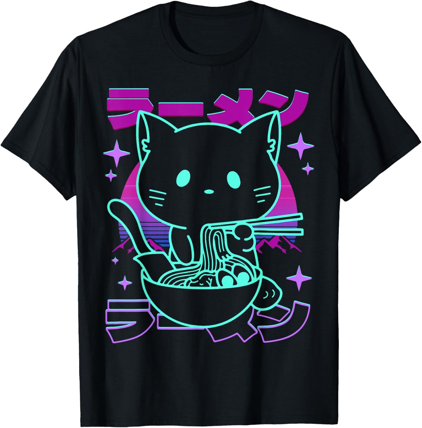 Anime Ramen Cat Retro Japanese Noodles Aesthetic Kawaii cat T-Shirt - T-Shirt | Black