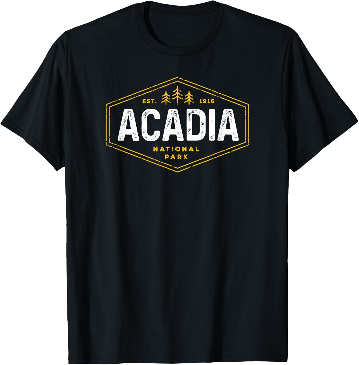 Acadia National Park Shirt Vintage Tree Hexagon Badge Hiking T-Shirt - T-Shirt | Black