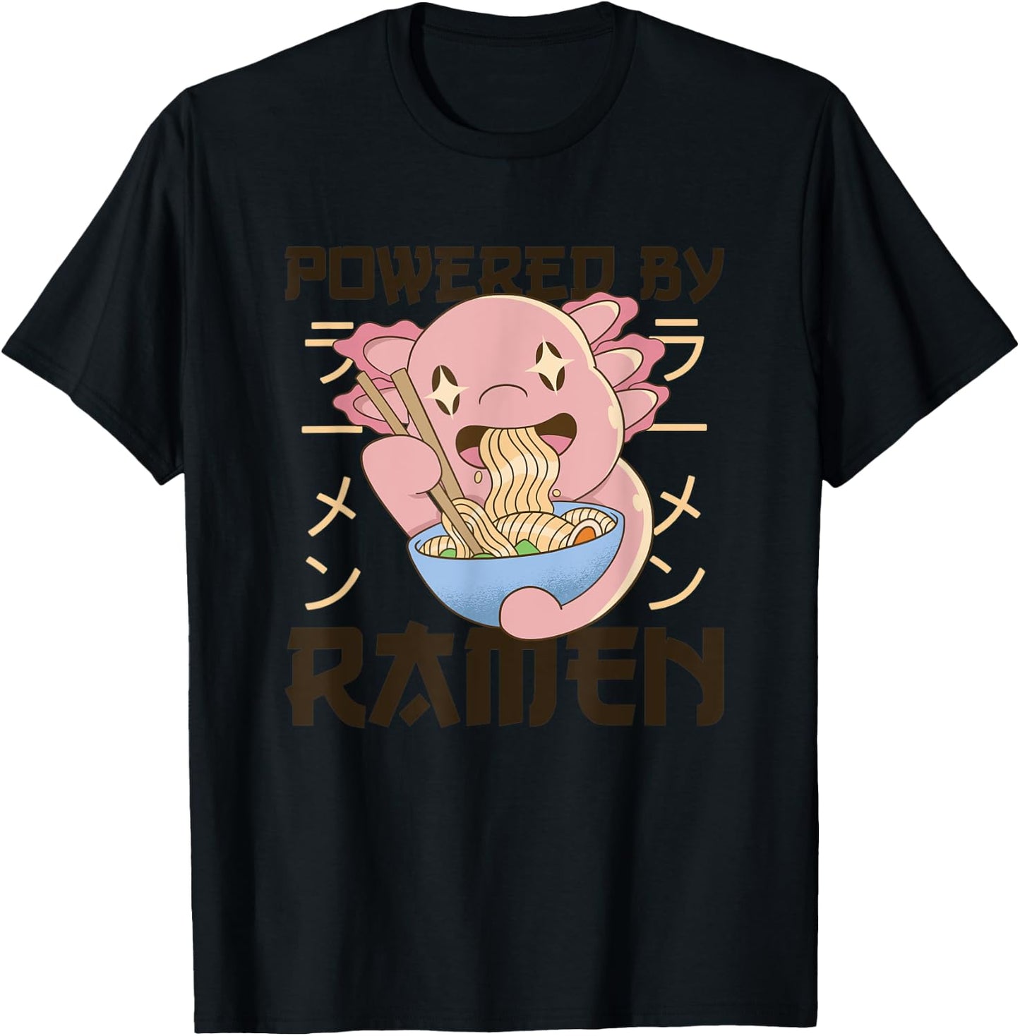 Powered by Ramen Cute Axolotl Eats Ramen Noodles Axolotl T-Shirt - T-Shirt | Black