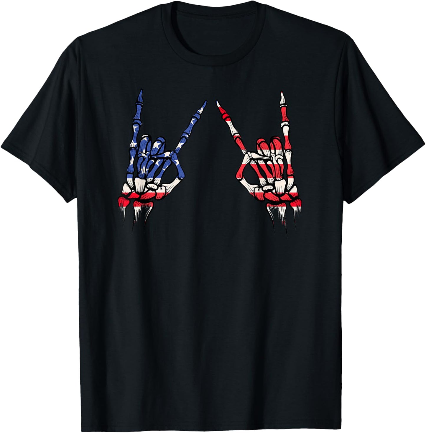 Patriotic USA Flag Skeleton Rock On Devil Horns 4th of July T-Shirt - T-Shirt | Black