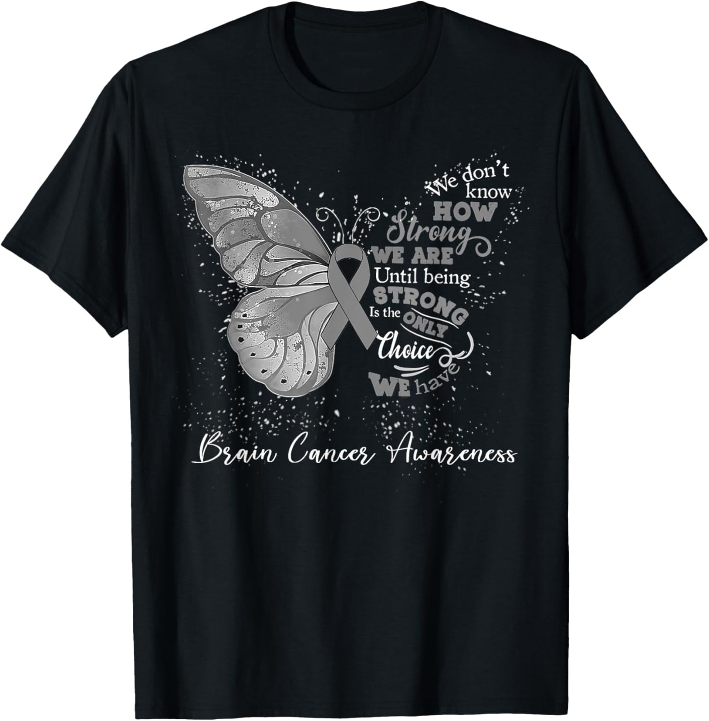Brain Cancer Awareness Gray Ribbon Butterfly T-Shirt - T-Shirt | Black