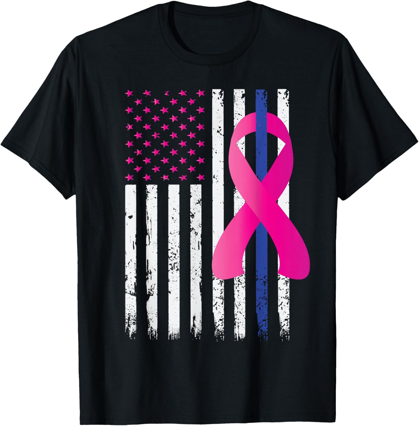 Breast Cancer Awareness Thin Blue Line Vintage Police Flag T-Shirt - T-Shirt | Black