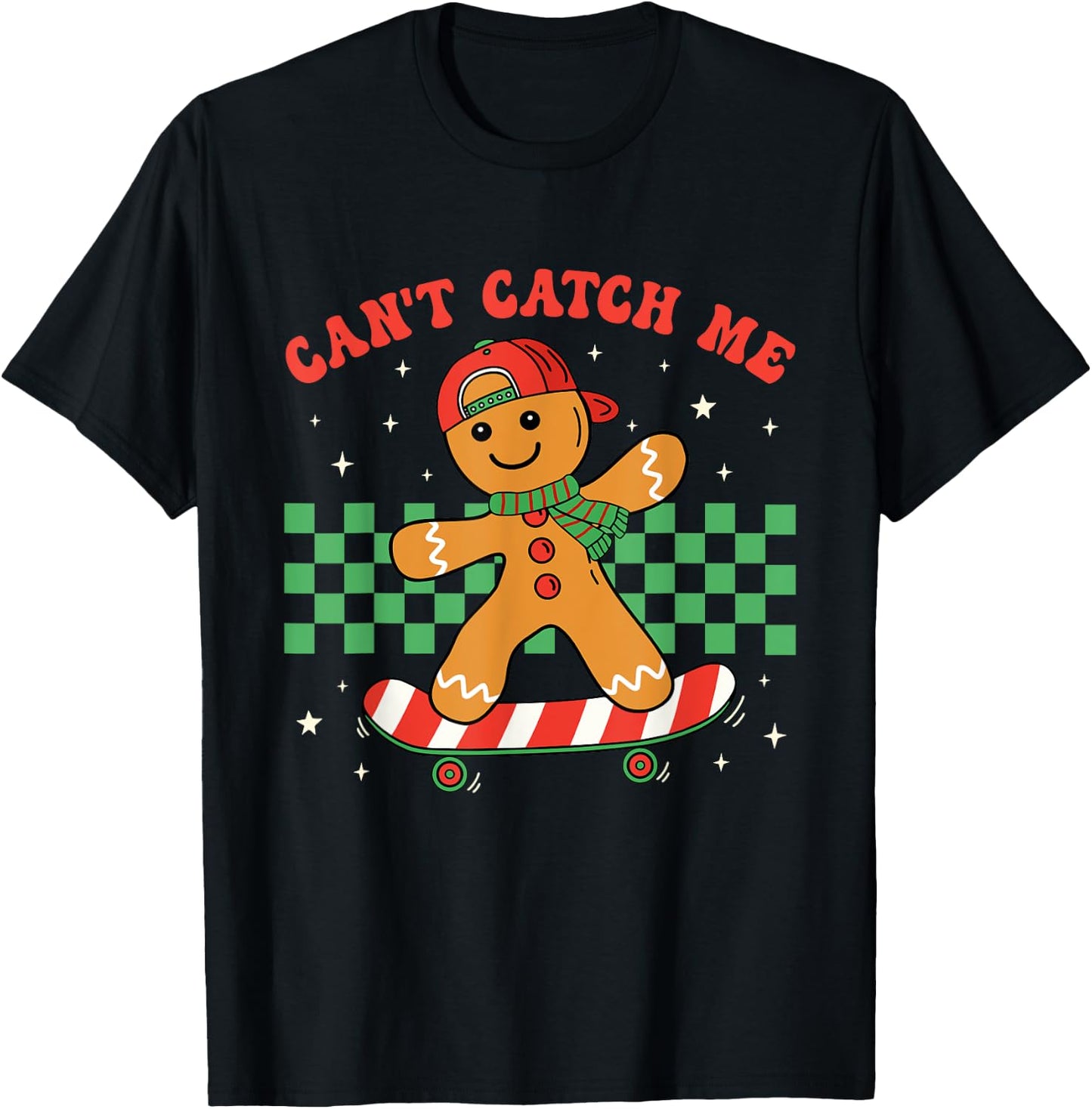 Can't Catch Me Merry Christmas Boy Skateboarding Gingerbread T-Shirt - T-Shirt | Black