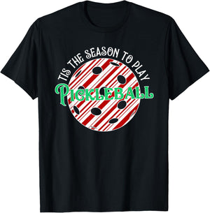 Tis The Season To Play Pickleball Candy Cane Print T-Shirt - T-Shirt | Black
