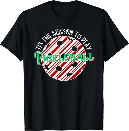 Tis The Season To Play Pickleball Candy Cane Print T-Shirt - T-Shirt | Black