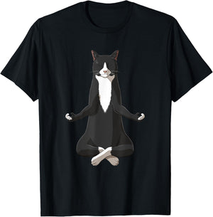 Funny Yoga Tuxie Tuxedo Cat Women Girls Kids T-Shirt - T-Shirt | Black
