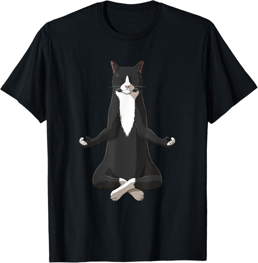 Funny Yoga Tuxie Tuxedo Cat Women Girls Kids T-Shirt - T-Shirt | Black