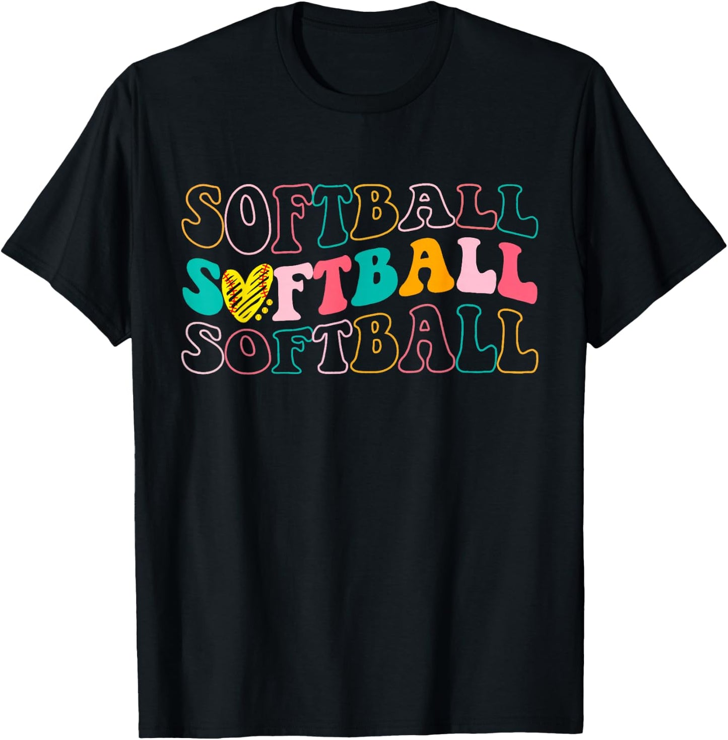 Groovy Love Heart Softball Player Funny Softball Baseball T-Shirt - T-Shirt | Black