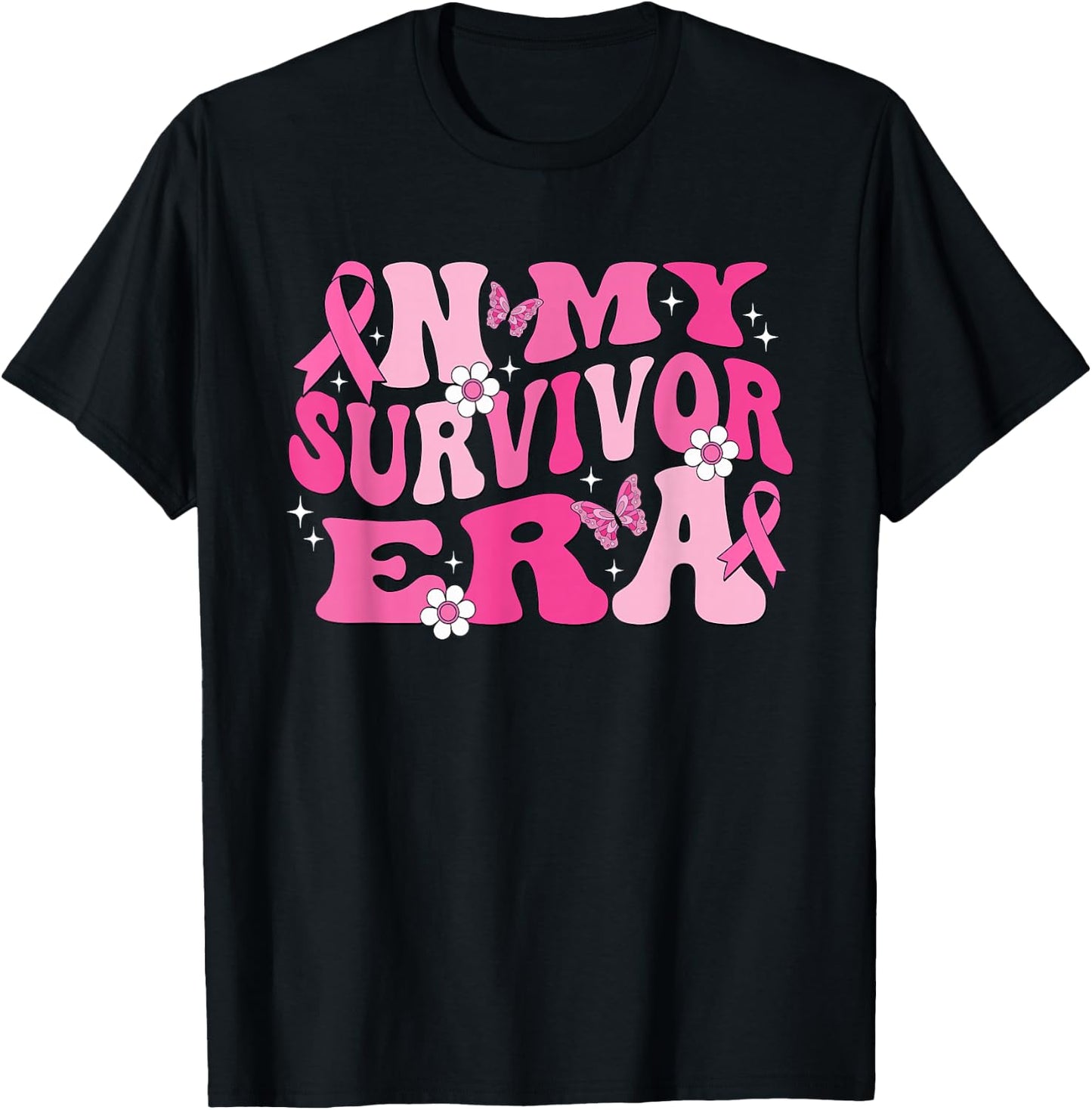 Groovy In My Survivor Era Pink Ribbon Breast Cancer T-Shirt - T-Shirt | Black