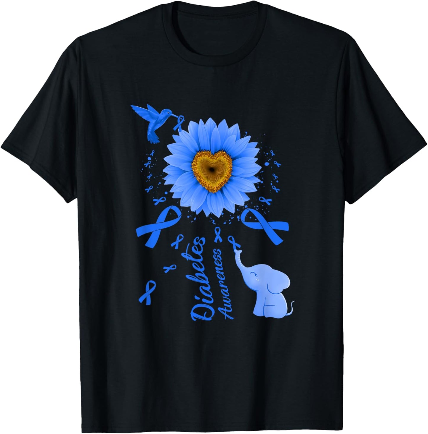 Sunflower Hummingbird Elephant Diabetes Awareness T-Shirt - T-Shirt | Black