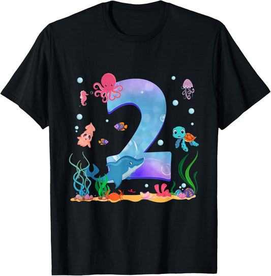 2 Years Old Sea Fish Ocean Animal 2nd Birthday Boy Girl T-Shirt - T-Shirt | Black