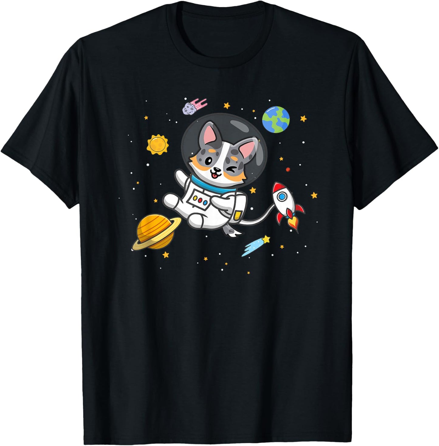 Funny Kawaii Kid Boys Space Astronaut Blue Merle Corgi Lover T-Shirt - T-Shirt | Black