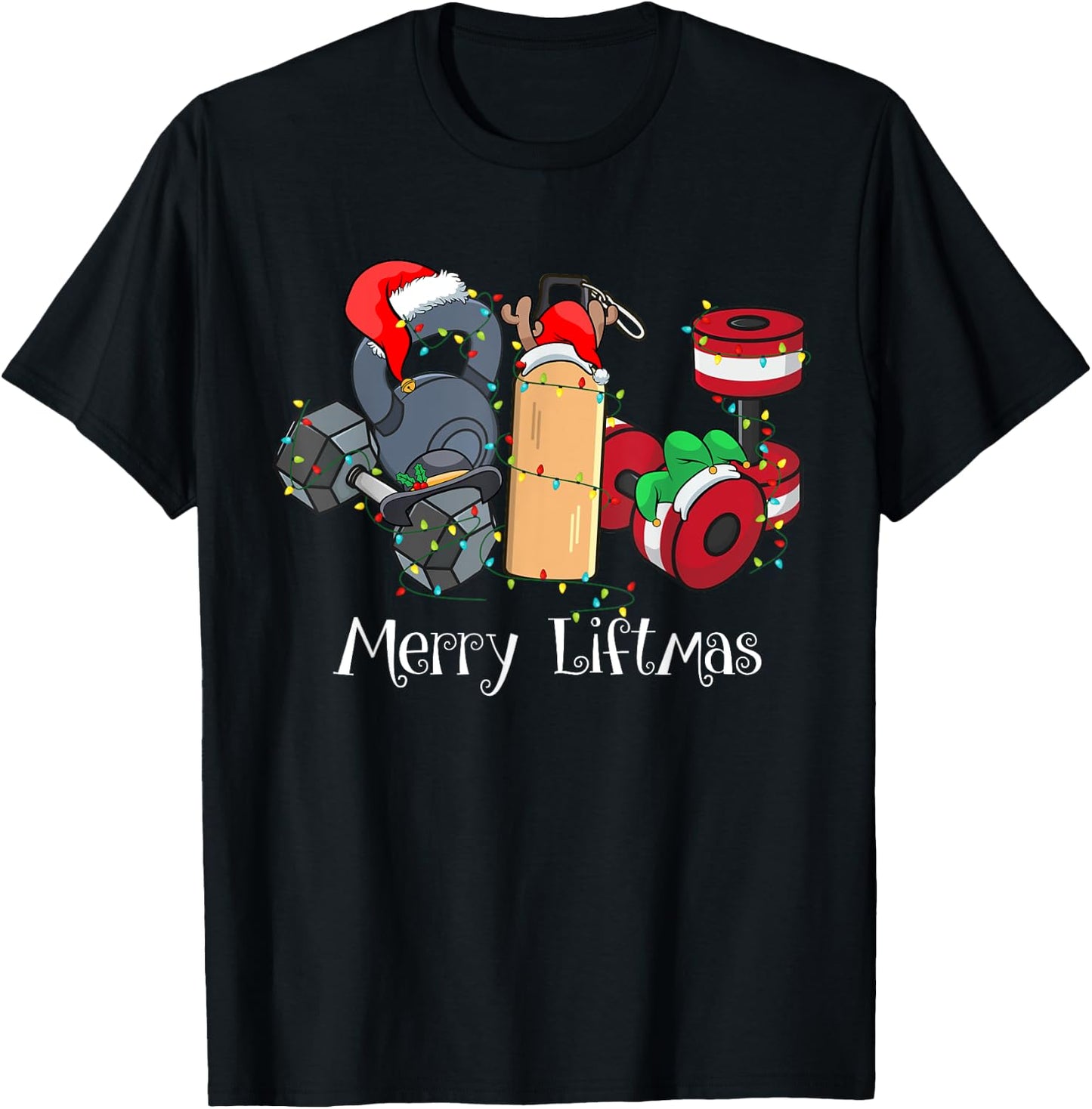 Merry Liftmas Christmas Gym Workout Kettlebell Weightlifting T-Shirt - T-Shirt | Black