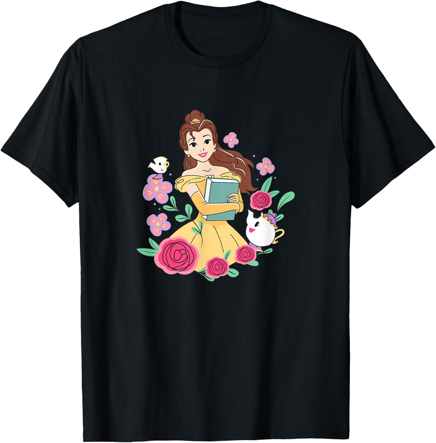 Disney Beauty and the Beast Belle & Book Fall Floral Roses T-Shirt - T-Shirt | Black